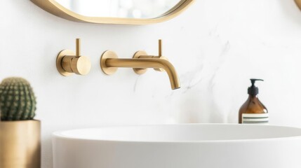 Wall-mounted brass faucet with minimalist handles, mounted on a marble vanity, minimalist bathroom fixtures, luxury simplicity