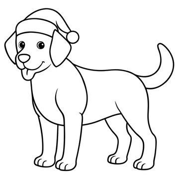 recommend clip art: coloring page for kids, bold line art,  Christmas dog with in a Santa clue hat