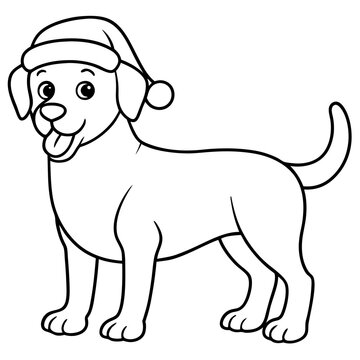 recommend clip art: coloring page for kids, bold line art,  Christmas dog with in a Santa clue hat