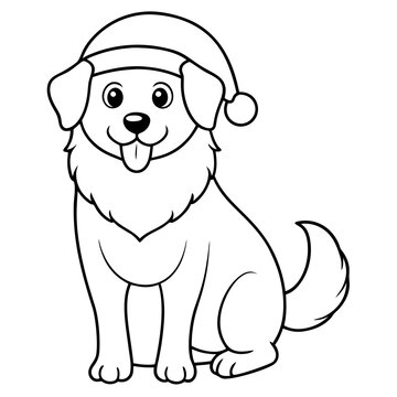 recommend clip art: coloring page for kids, bold line art,  Christmas dog with in a Santa clue hat