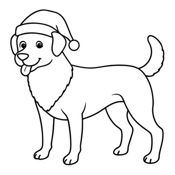 recommend clip art: coloring page for kids, bold line art,  Christmas dog with in a Santa clue hat