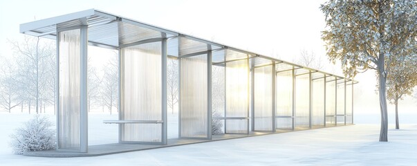 An architectural design concept for a series of bus shelters made from translucent aluminum siding, offering protection from the elements while maximizing natural light during the day