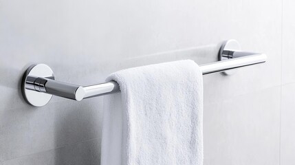 Wall-mounted chrome towel bar in a minimalist bathroom, minimalist bathroom fixtures, sleek functionality
