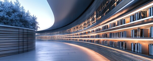 Naklejka premium An architectural design for a futuristic library with walls of aluminum siding that automatically adjust their opacity to control light and temperature inside