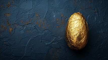 A single chocolate Easter egg wrapped in gold foil on a dark blue background