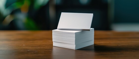 A stack of blank business cards on a wooden surface, ready for customization and personalized branding.