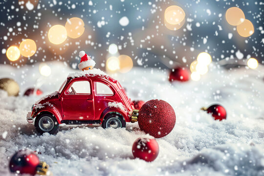 A red toy car is sitting in the snow next to a red ball, generative ai image., - Powered by Adobe