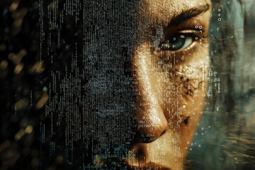 Digital transformation of a face merging with streams of code in a futuristic setting