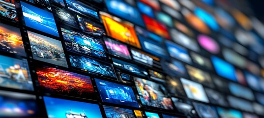 Grid Of Digital Displays With Multimedia Content, Video Streaming, TV, And Video Technology