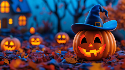 Halloween jack-o'-lantern with witch hat in front of a spooky house