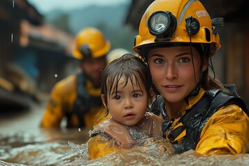 Team rescuing a child during a flood relief operation in a disaster-affected area