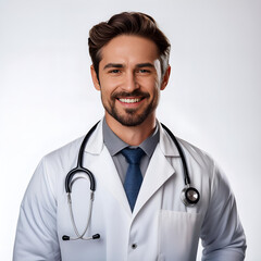 DOCTOR SONRIENTE DE PIE SOBRE FONDO BLANCO
