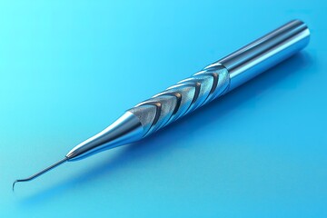 Dental drill positioned diagonally on a blue backdrop highlighting its metallic texture