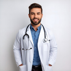 DOCTOR alegre de pie con vista frontal