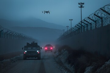 Military vehicles patrol a fortified international border at dusk with drone surveillance overhead