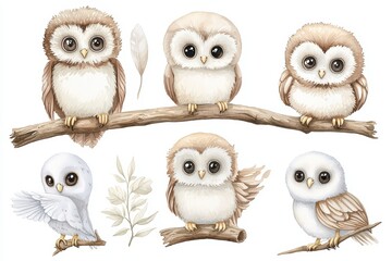 Charming collection of adorable owls perched on branches, showcasing various colors and textures in a whimsical design.