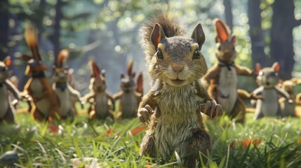 Obraz premium A cute squirrel with a friendly expression is surrounded by rabbits in a grassy field.