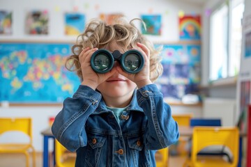 Curious child exploring the classroom with binoculars while learning in a vibrant educational environment