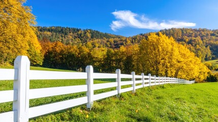 A beautiful horse pasture features a white wooden fence, surrounded by colorful trees in vibrant fall hues against a backdrop of rolling hills under a cloudy sky