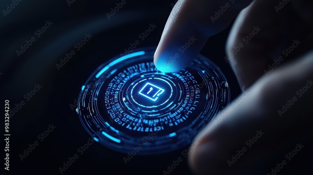 Aufkleber futuristic interface with glowing button activated by a finger, showcasing advanced technology and d