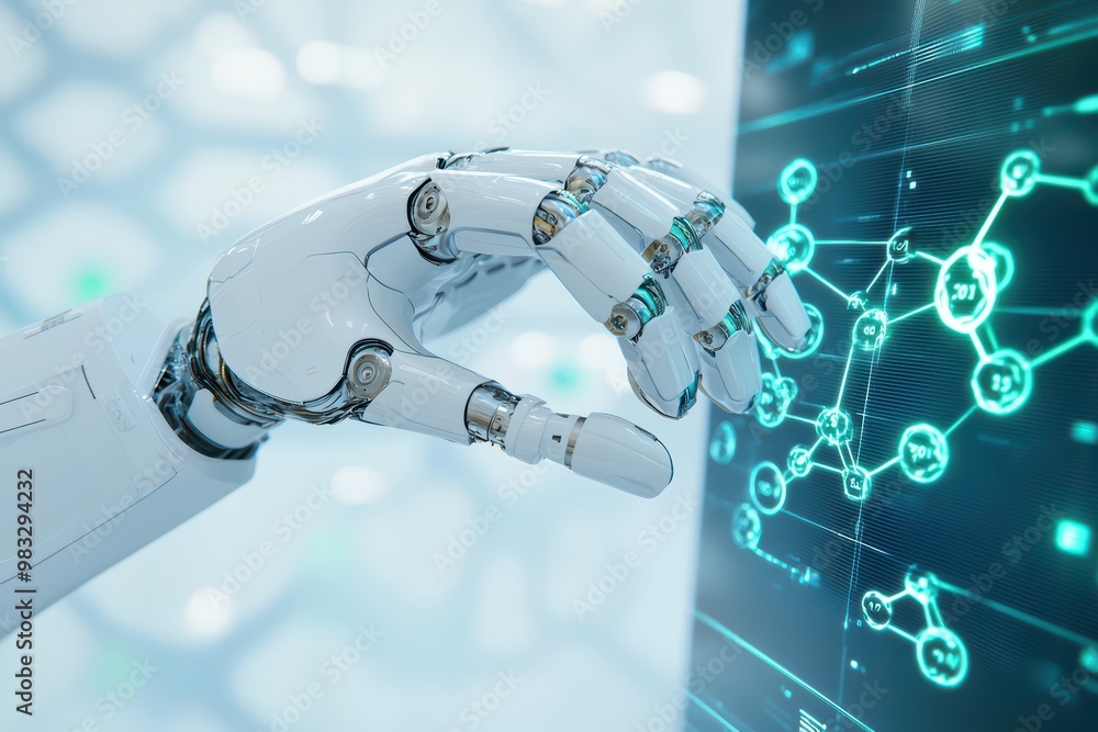Poster futuristic robotic hand interacting with a digital interface, showcasing advanced technology and inn