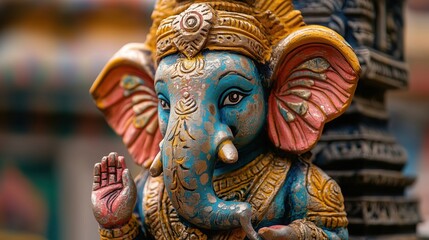 Fototapeta premium Multi colored elephant statue symbolizes Hinduism spirituality