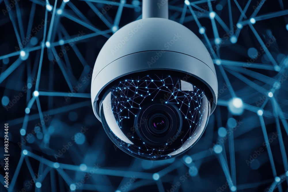 Poster high-tech surveillance camera with digital network design, representing modern security and technolo