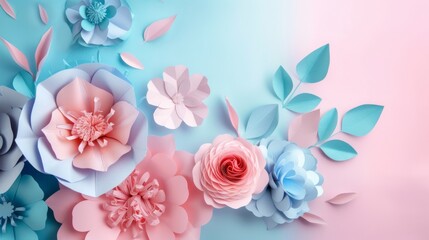 Floral frame background of Plain light blue paper structure background with blank copy space in the middle, on top of the background are smller and bigger daisy blossoms scatterd arround 