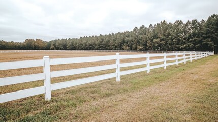 A beautiful horse pasture features a white wooden fence, surrounded by colorful trees in vibrant fall hues against a backdrop of rolling hills under a cloudy sky