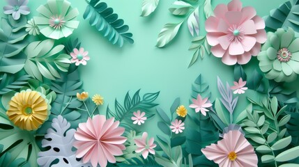 Floral frame background of Plain light blue paper structure background with blank copy space in the middle, on top of the background are smller and bigger daisy blossoms scatterd arround 