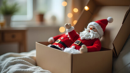 close-up Christmas toys, ornaments in an open box standing on a bed in light modern bedroom room decorated window garland lights, day time, textile handmade Santa Claus, Father Christmas, decoration