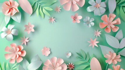 Floral frame background of Plain light blue paper structure background with blank copy space in the middle, on top of the background are smller and bigger daisy blossoms scatterd arround