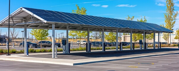 Fototapeta premium An environmentally friendly parking lot with canopies made from aluminum siding, equipped with solar panels to power nearby street lights and electric vehicle charging stations