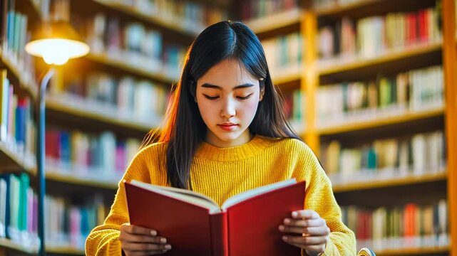 A young Asian woman in a yellow sweater reads a book in a cozy library. The warm lighting creates a serene atmosphere. Bookshelves filled with various books surround her, enhancing the studious mood.