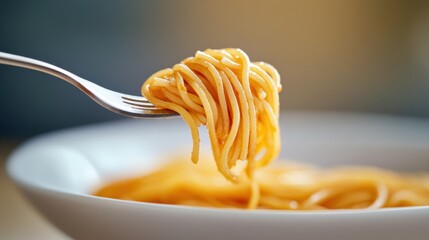 A fork full of spaghetti with a spoonful in the bowl, AI
