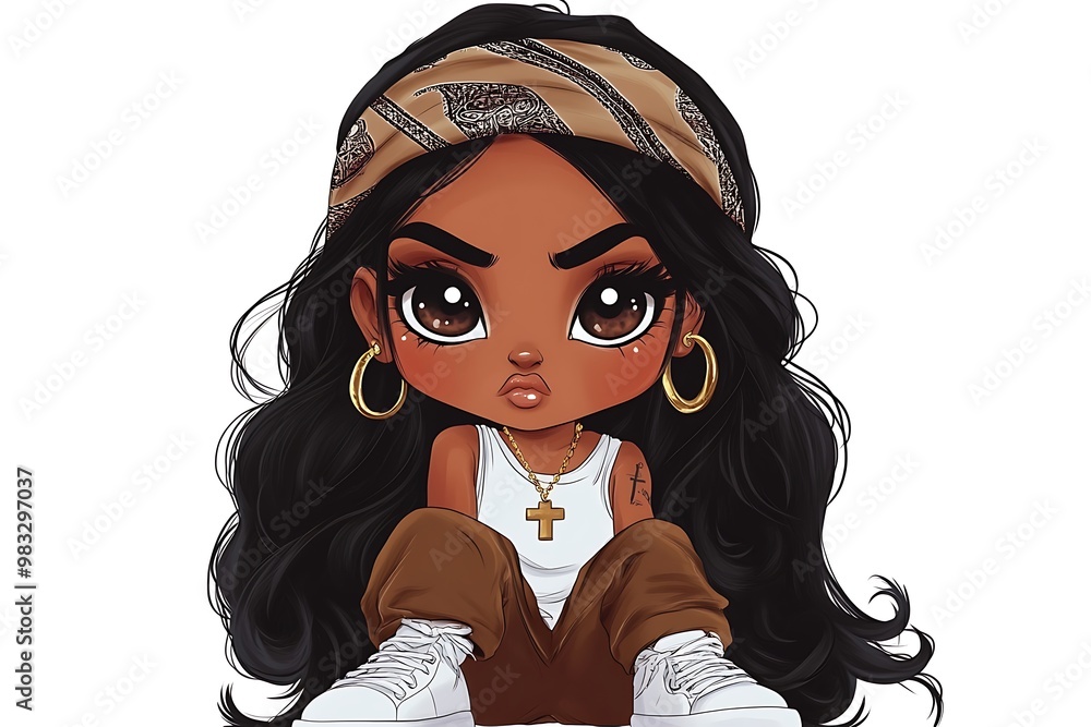 Poster Cute Cartoon Illustration of a Black Girl With Big Eyes, Bandana, and White Sneakers