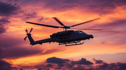Helicopter Flying Against a Stunning Sunset Sky