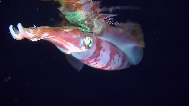 Bigfin reef squid (Sepioteuthis lessoniana) swims near the sea surface and is reflected in it as if in a mirror, close-up.