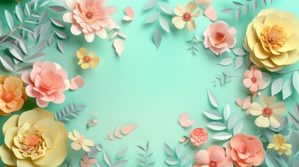 Floral frame background of Plain light blue paper structure background with blank copy space in the middle, on top of the background are smller and bigger daisy blossoms scatterd arround