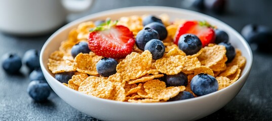 Close-up of healthy breakfast cornflake cereal with fresh blueberries and strawberries in bowl