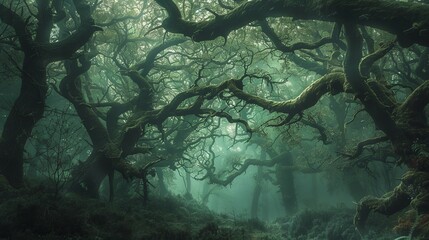 Fototapeta premium Twisted branches of a mossy forest reach towards the sky, bathed in ethereal mist.