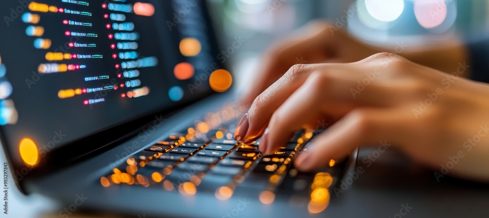 Poster hands typing on illuminated laptop keyboard, evoking cybersecurity and digital data protection