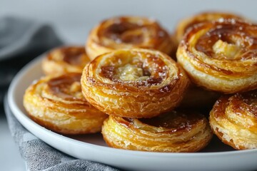 Fototapeta premium Close-up of Golden Brown Pastries with Sweet Filling on a White Plate
