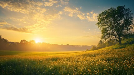 Obraz premium Golden Sunset Over a Field of Wildflowers with a Silhouetted Tree