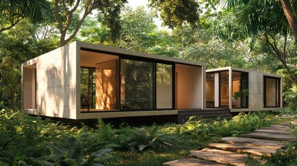 An innovative design of a modular home, each module clad in fiber cement siding, set in a lush green environment to demonstrate its durability in varying climates