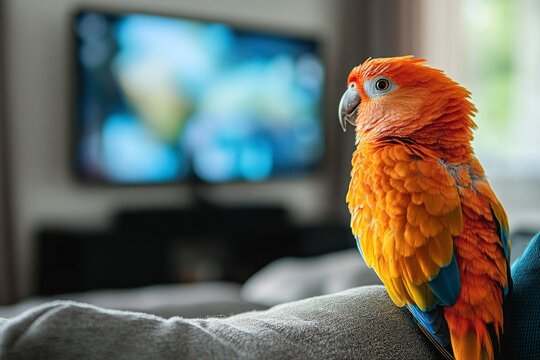 Orange and Blue Parrot Perched on a Couch with a Television in the Background