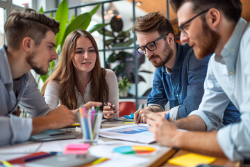 Fototapeta premium Three people are smiling and sitting around a table with a laptop and a pen, generative ai image.,