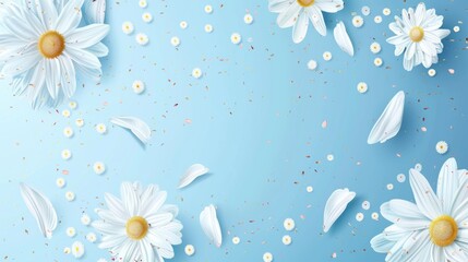 Obraz premium Floral frame background of Plain light blue paper structure background with blank copy space in the middle, on top of the background are smller and bigger daisy blossoms scatterd arround