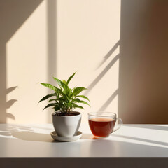 Fototapeta premium Tea mug on a light table next to a green house plant.