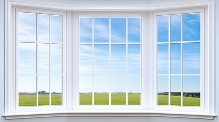 Naklejka premium Looking out from a charming bay window, the bright summer day showcases a vivid blue sky and a green lawn, creating a serene and inviting atmosphere